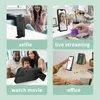 A collage of four images showing a phone case in different use scenarios: taking a selfie, live streaming, watching a movie with family, and on a desk for office work. Produktbild-Vorschau