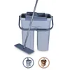 A flat mop and bucket set is displayed against a white background. Two smaller circular images are shown below, one depicting the mop and bucket in gray, and the other in brown. Náhled obrázku produktu