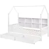 A white wooden house-shaped bed frame with a built-in bookshelf and two storage drawers underneath. Náhľad obrázku produktu