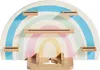 A wooden rainbow-shaped wall shelf with multiple small wooden shelves attached. Produktbild-Vorschau