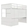 A white loft bed with a desk and shelves underneath, shown from a side-angle. Voir les images du produit
