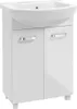 A white bathroom vanity with a sink and two doors, standing on four short legs. Voir les images du produit