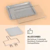 A collage of accessories for an air fryer, including a baking tray, wire rack, mesh basket, and rotisserie spit holder, with accompanying text and a thumbs-up icon. Produktbild-Vorschau
