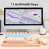 A pink keyboard and mouse set are displayed on a desk in front of a computer monitor showing charts and graphs. There are also 12 circular icons above the keyboard, labeled F1 through F12. Podgląd zdjęcia produktu