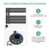 A product image with text and icons describing features of an electric heated towel rail. Produktbild-Vorschau