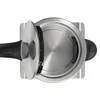 Overhead view of an open stainless steel kettle with a black handle and a black filter inside. Podgląd zdjęcia produktu