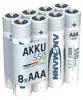 A group of AAA rechargeable batteries in their packaging. Produktbild-Vorschau