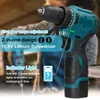 A person is blurred in the background, holding a teal and black cordless drill. Text overlays highlight features of the drill. Náhled obrázku produktu