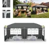 A collage of images showing a party tent, its components, and its use in different settings.