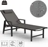 A gray aluminum sun lounger with wheels and a headrest is shown against a white background. A circular inset shows a close-up of the fabric with water droplets, indicating it is water-resistant. Icons at the bottom suggest reading, shade, and relaxation. Produktbild-Vorschau