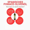 A bottle of olive oil is shown in the center, surrounded by four red circles containing line drawings of food dishes. Text above asks 'What can I do with it?'. Produktbild-Vorschau