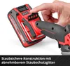 A hand is shown pressing a button on a red and black power tool battery pack. Produktbild-Vorschau
