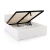 A white bed frame with the slatted base lifted to reveal storage space underneath. Produktbild-Vorschau