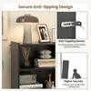 A product image showcasing a bookshelf with decorative items and marketing graphics highlighting its anti-tipping features. Náhled obrázku produktu