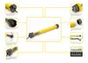 A diagram showing a yellow roller shutter motor with various components and features highlighted with callouts and text. Produktbild-Vorschau