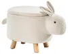 A white, fluffy bunny-shaped ottoman with wooden legs is shown against a white background. Produktbild-Vorschau