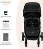 A black Kinderkraft MITZY buggy is shown next to a list of included accessories. Podgląd zdjęcia produktu