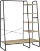 A black metal clothing rack with wooden shelves, isolated on a white background. Produktbild-Vorschau