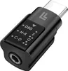 A black USB-C to 3.5mm audio adapter with indicator lights and text labels. Produktbild-Vorschau