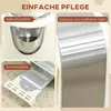 A collage of close-up images showing different parts of a cream-colored appliance, likely a toaster, with text highlighting its features. Produktbild-Vorschau