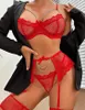 Conjunto de lencería de 3 piezas, color rojo, con detalles Vista previa de la imagen del producto 2