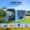 An inflatable booth with a motorcycle inside, set up outdoors on a grassy area with houses in the background. Below are four smaller images showing the setup process. Náhľad obrázku produktu