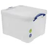 A transparent plastic storage box with blue handles and lid. Produktbild-Vorschau