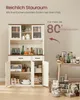 A kitchen cabinet filled with various kitchenware and accessories, with text overlays highlighting storage space. Produktbild-Vorschau