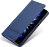 A blue flip case for a smartphone is shown, partially open, revealing the phone screen. Produktbild-Vorschau