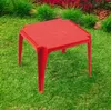 A red plastic table sits on a green lawn with lush green plants and red flowers in the background. Produktbild-Vorschau