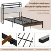 A metal platform bed frame with a headboard and three detail shots of its features. Náhled obrázku produktu
