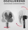 Two views of a stand fan, one showing oscillation and the other showing the swivel function. Produktbild-Vorschau