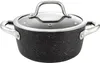 A black speckled pot with a glass lid and silver handles, isolated on a white background. Produktbild-Vorschau