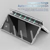 A close-up of a silver phone case with a magnetic hinge, showcasing its folding mechanism and magnetic adsorption feature. Produktbild-Vorschau