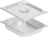 A stainless steel food pan and its lid are shown from a slight angle. Podgląd zdjęcia produktu