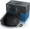 A black vertical wireless optical mouse and its packaging are displayed on a white background. Produktbild-Vorschau