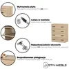 A collage of images and text highlighting the features of a wooden dresser or cabinet, with the dresser itself shown in the middle right. Podgląd zdjęcia produktu