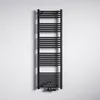 A black towel radiator mounted on a white wall. Produktbild-Vorschau