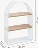 A white arched shelf unit with two wooden shelves, shown against a white background with dimensions indicated. Produktbild-Vorschau