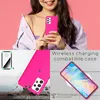 A collage of images showing a woman holding a pink phone case, a close-up of the phone case with text about shock absorption, and a phone case on a wireless charger with text about wireless charging compatibility. Produktbild-Vorschau