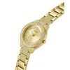 A close-up, angled shot of a gold-colored Guess watch with crystal embellishments on a white background. Podgląd zdjęcia produktu