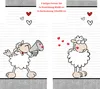 A graphic illustration of a bedding set with cartoon sheep and hearts, accompanied by product details. Produktbild-Vorschau