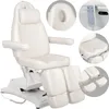 A collage of images showing a white electric cosmetic chair from different angles and close-ups of its features. Produktbild-Vorschau