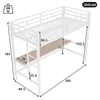A diagram of a white metal loft bed with a desk underneath, showing various dimensions. Produktbild-Vorschau