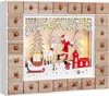 A wooden advent calendar with a Christmas scene inside, featuring Santa, a reindeer, and gifts. Podgląd zdjęcia produktu