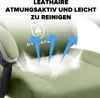 Close-up of a green gaming chair with arrows indicating airflow and text describing its features. Náhľad obrázku produktu