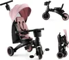 A collage of images showing a pink and black Kinderkraft Jazz 2 foldable trike in different configurations and folded. Voir les images du produit