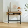 A console table with decorative items on top and in its shelves, placed against a white wall. Podgląd zdjęcia produktu