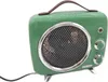 A green vintage-style electric heater with a brown leather handle is shown against a white background. Náhled obrázku produktu