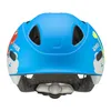 The back view of a child's blue bicycle helmet with cartoon dinosaur graphics. Produktbild-Vorschau